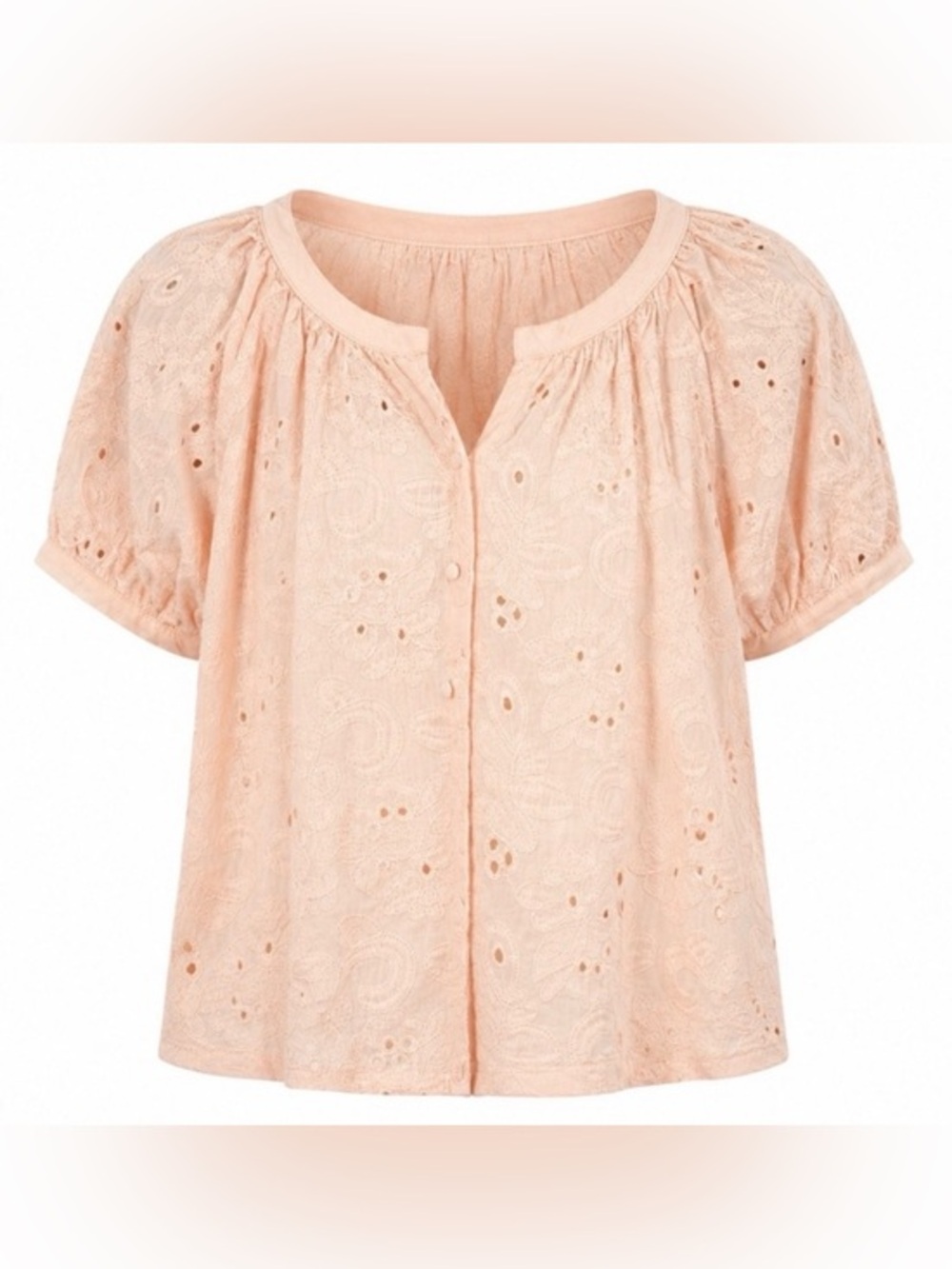 Calypso St. Barth Embroidered Peach Floral Puff Sleeve Eyelet Blouse.- S-